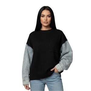 Endless Rose Oversized Knit Sweater Denim Sleeves Brown NWOT Size S